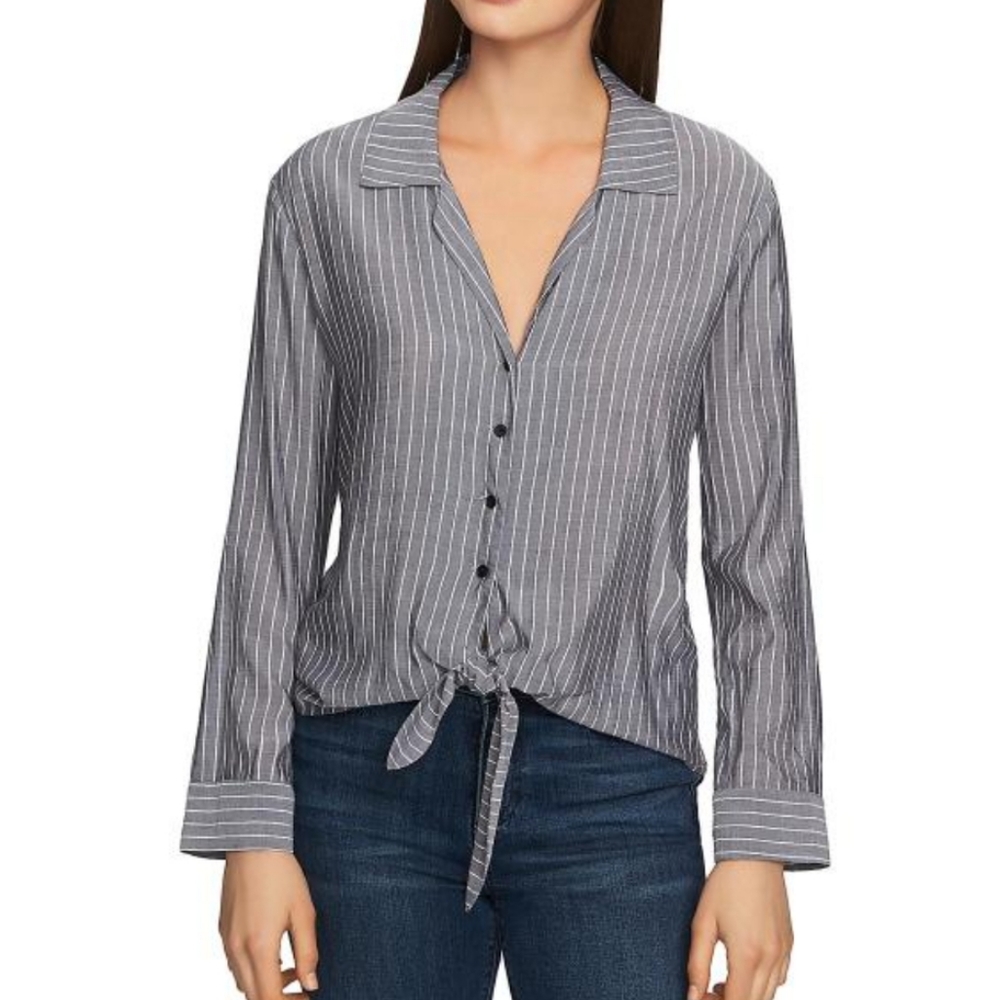NWT 1 State Tie Front Stripe Blouse Rich Black XS